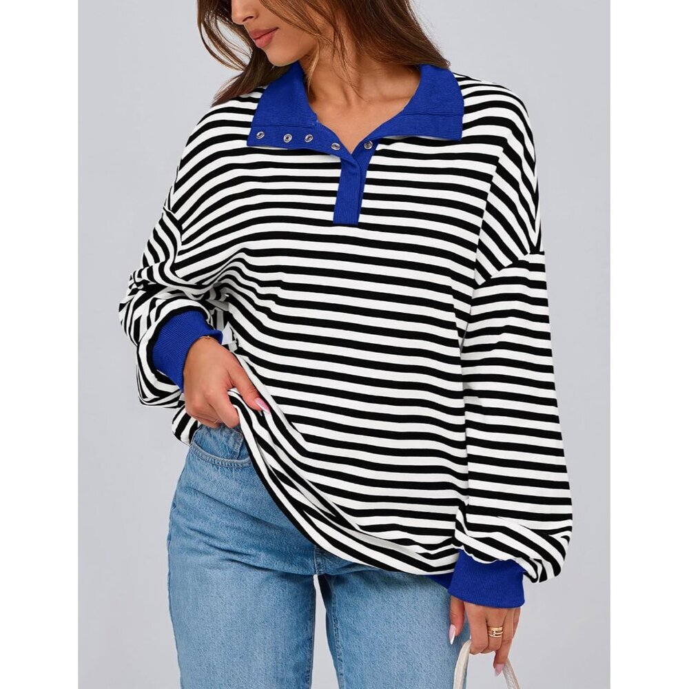 Women's Striped Cotton Oversized Sweatshirt Spring Fall Casual Long Sleeve - Picture 3 of 8
